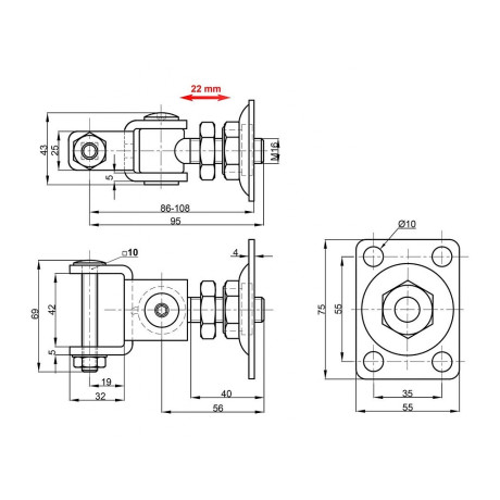 záves nastaviteľný M16 55x75mm / 40mm BZn